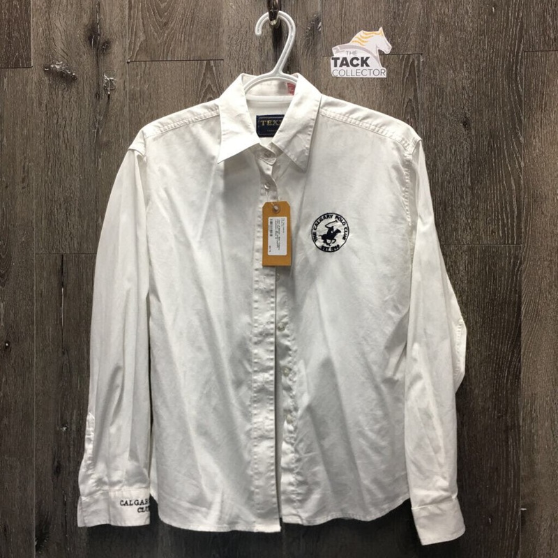 LS Blouse – Shirt “Calgary Polo Club” *gc, seam puckers, v.puckered M White Used