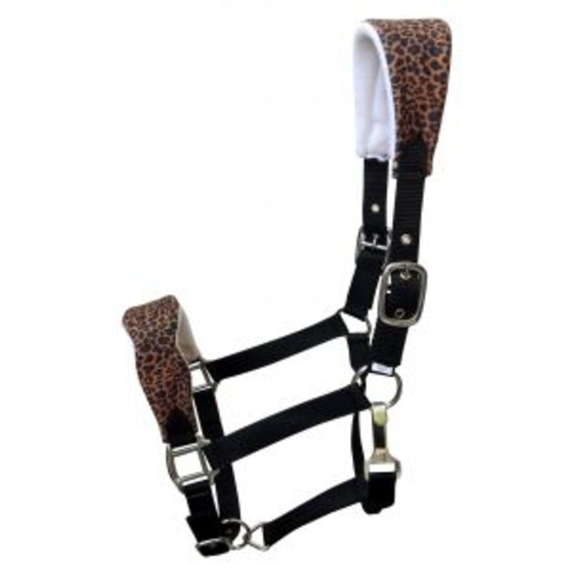 Showman Adjustable black nylon bronc halter with a padded cheetah noseband and crown