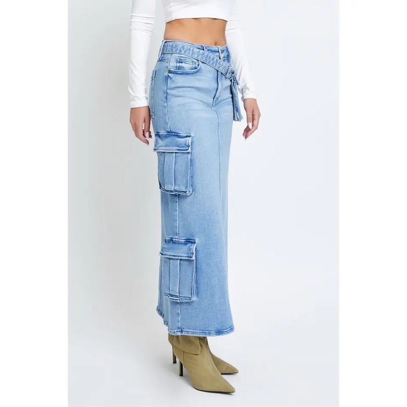 Light Wash Peyton Cargo Side Slit Skirt