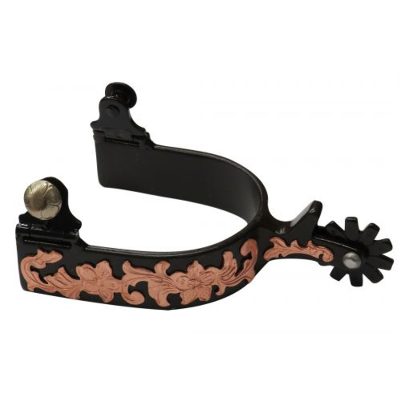 Showman Brown steel spur with rose gold engraved overlay