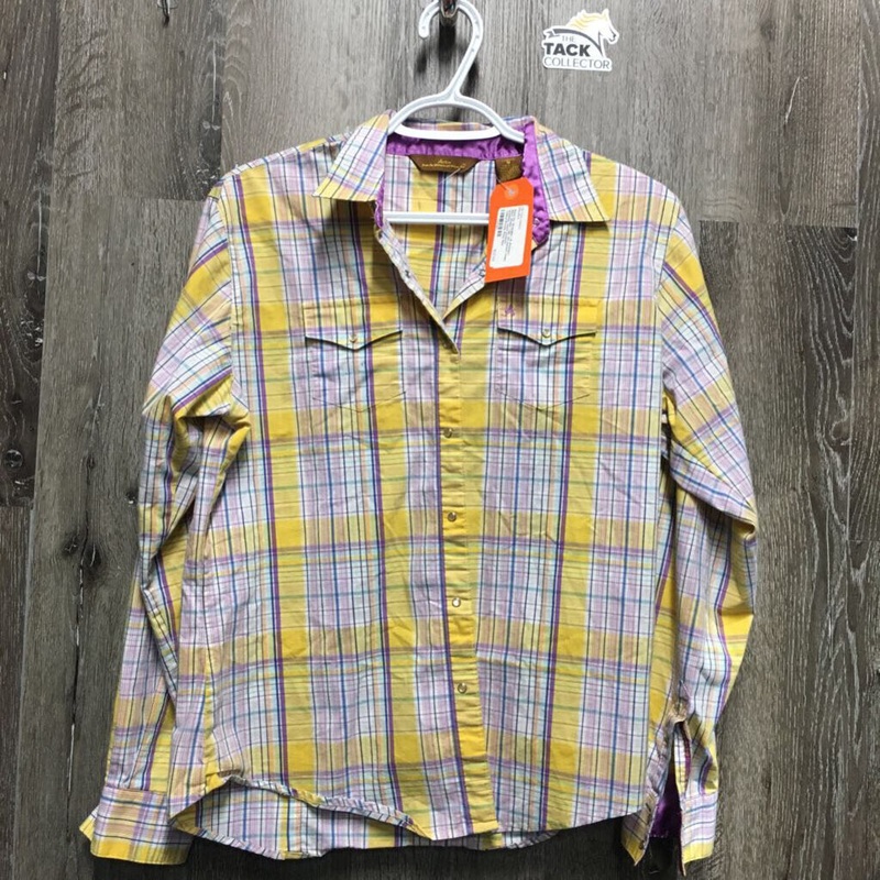 LS Western Shirt, snaps *vgc, sm pocket holes, wrinkles, seam puckers Med Yellow/Purple Plaid Used