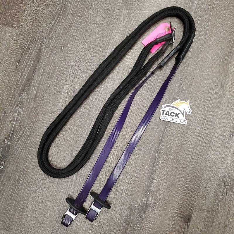 Pr Biothane & Braided Nylon Loop Reins, 2x conways, stoppers *gc, clean, rubs, hairy, residue Black/Purple Used