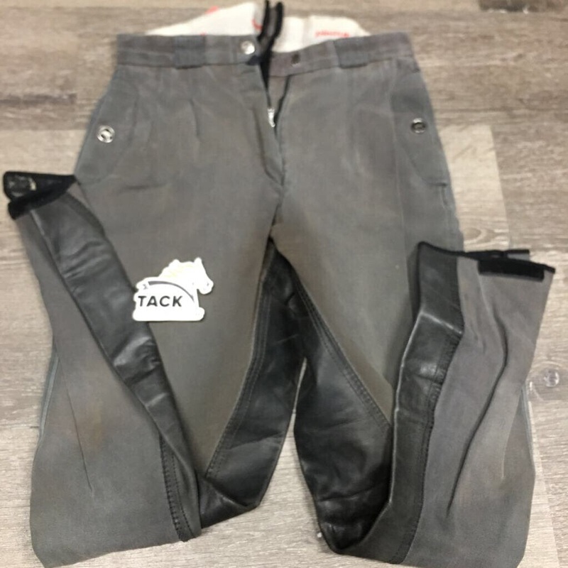 Full Seat Leather Breeches *fair, loose elastics, faded, stretched, older, v.pilly, v.stained seat & legs 28L Grey Used