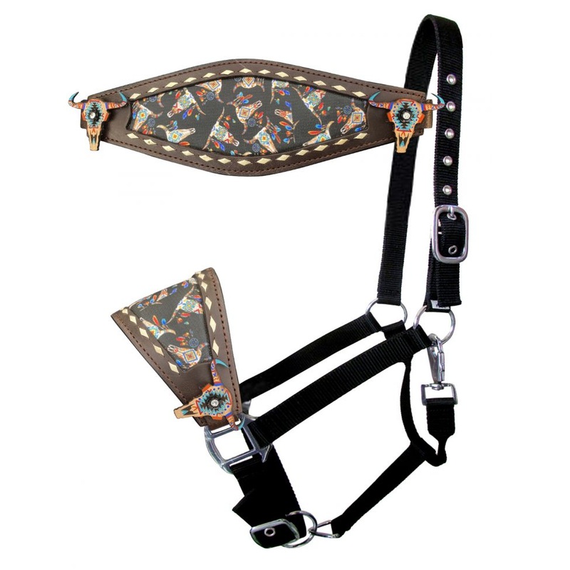 Showman Nylon bronc halter with painted southwest design cowskull