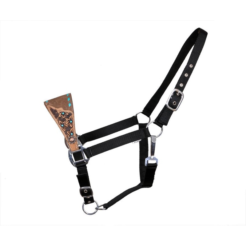 Showman Adjustable nylon bronc halter on medium leather with floral tooling and teal buck stitch