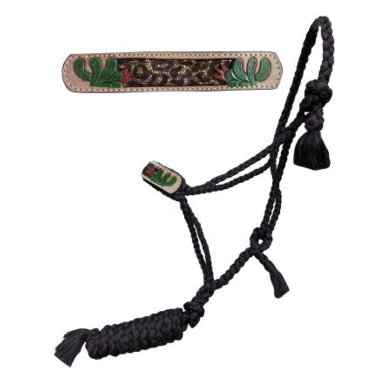 Showman Woven black nylon mule tape halter with hand painted cactus accent with glitter cheetah inlay on the noseband