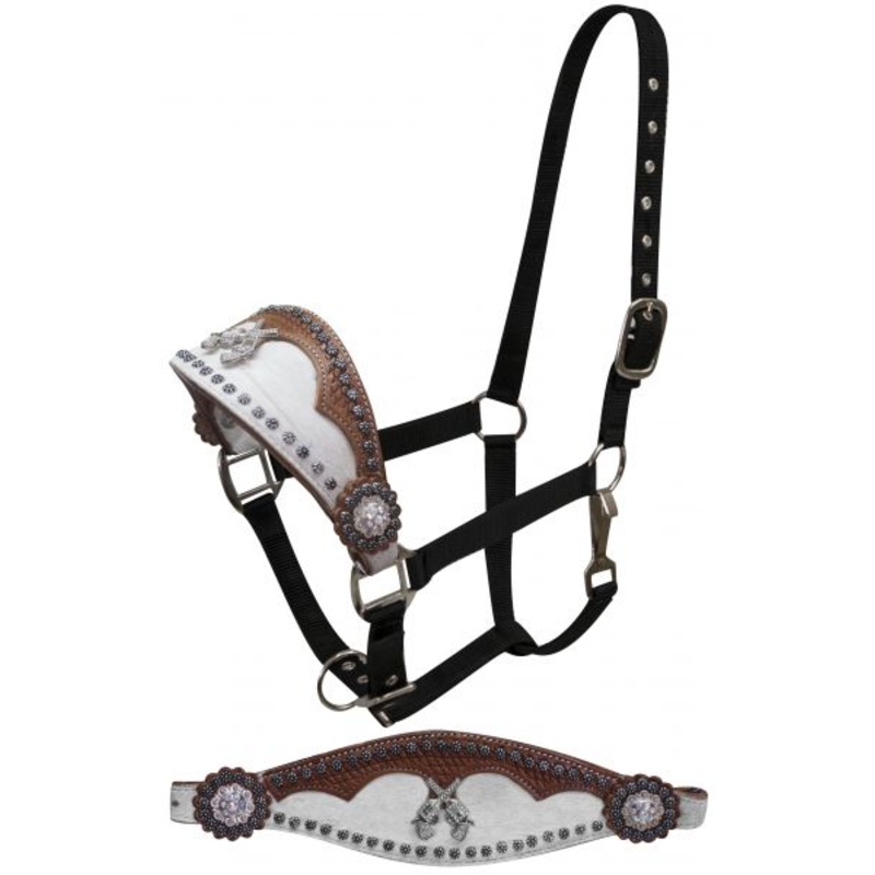 Showman FULL SIZE bronc halter featuring white hair-on cowhide with scalloped leather overlay with basket weave tooling