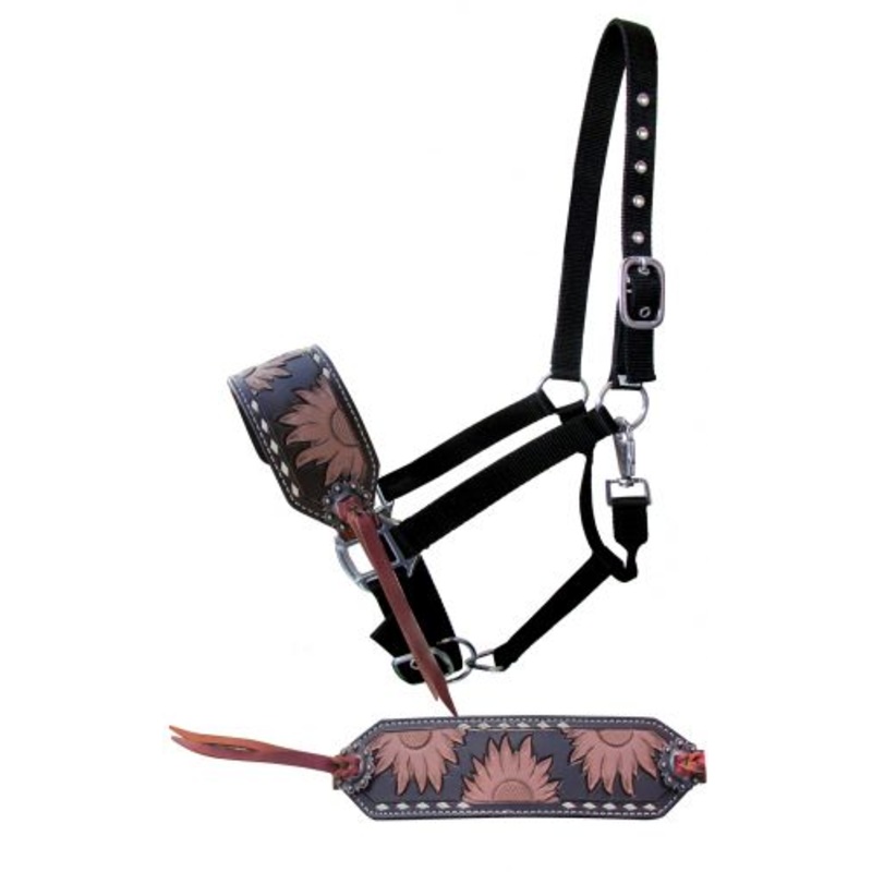 Showman Sunflower Tooled Bronc Nose Halter with buckstitch trim