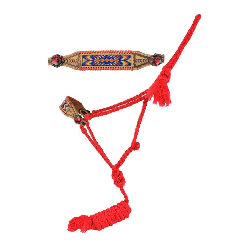 Showman Woven red nylon mule tape halter with beaded noseband and red rawhide lacing