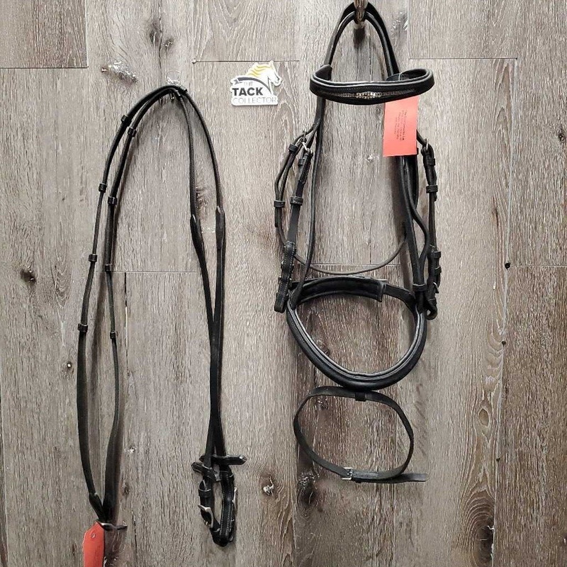 Rsd/Padded Bridle, Flash, Cotton Web Reins, buckles *gc/fair, clean, scraped edges, residue, mismatched, dry, stiff, undone end, short cheeks Cob?H Black/Clear Used
