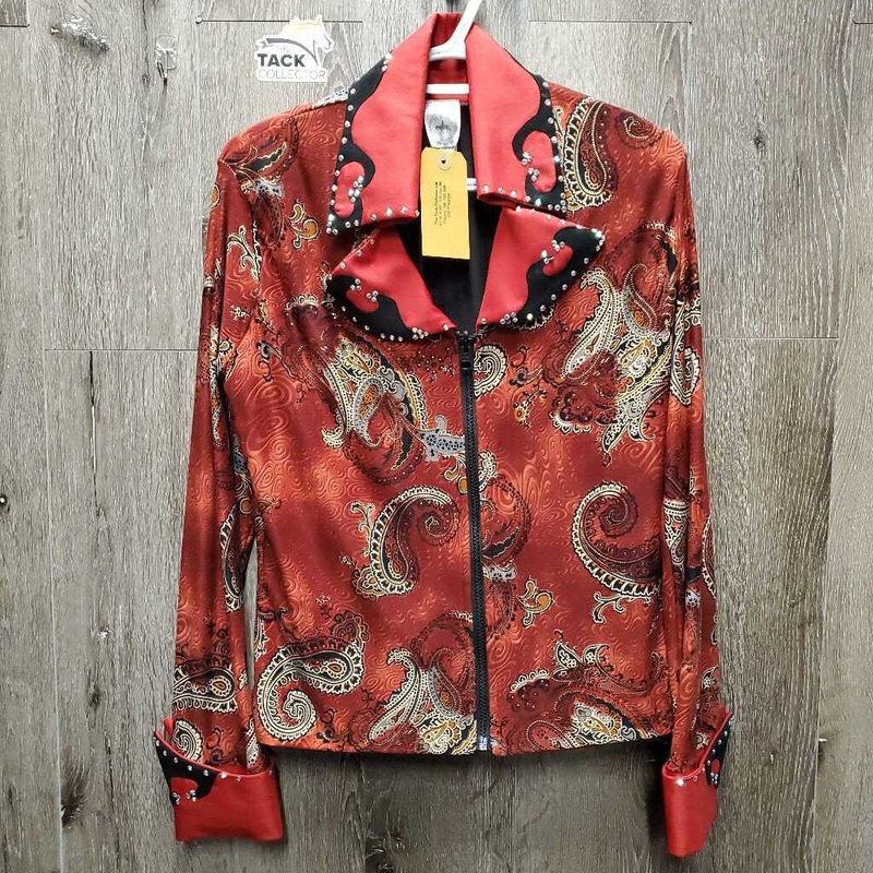 Western Showmanship Shirt – Show Jacket, Zipper, Blling *vgc, mnr threads, older, v.mnr cuff snags & stain M Red/Black/Gold Used