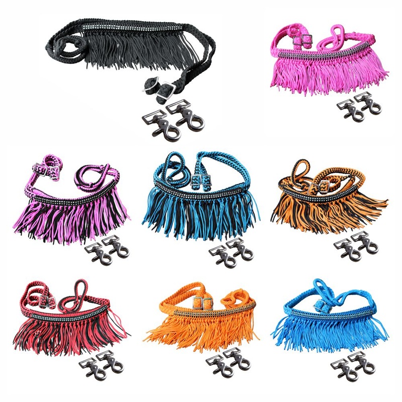 1″ X 8Ft Hilason Braided Barrel Horse Racing Reins Knots Fringe Crystal W/ Snaps