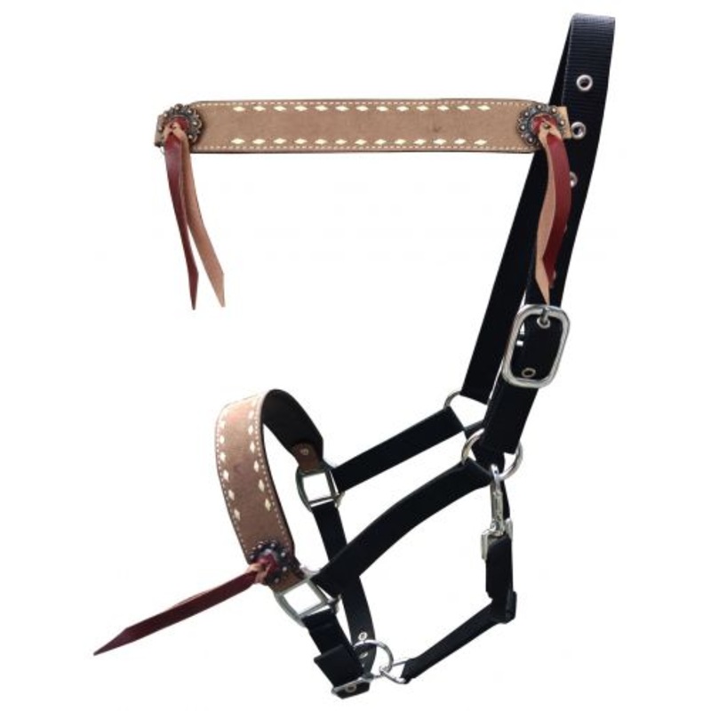 Showman Roughout leather nylon halter with buckstitch trim