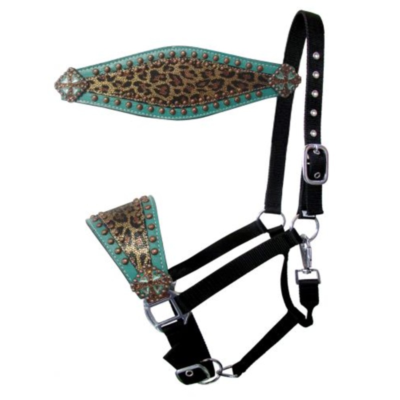 Showman Nylon bronc halter with metallic gold cheetah print inlay