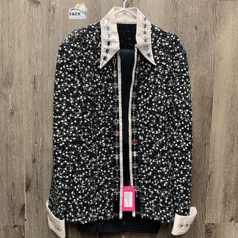 Western Showmanship Jacket, Pants, Bling *gc, older, snags, pilly, dingy, missing bling, stains L/XL? Black/White Used