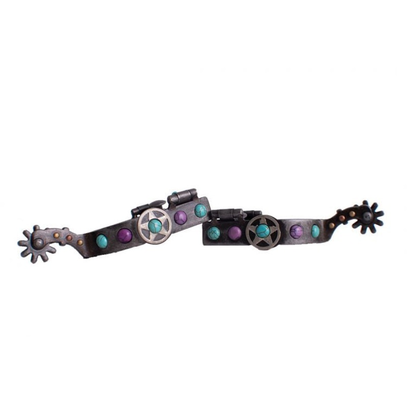 Showman Antique gray steel spur with purple and teal marble studs and Texas star design