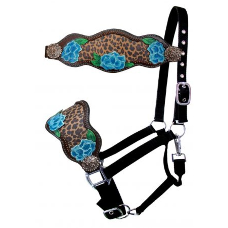 Showman Adjustable black nylon bronc halter with painted flower design with cheetah inlay nose band