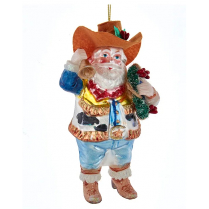 Glass Cowboy Santa Ornament