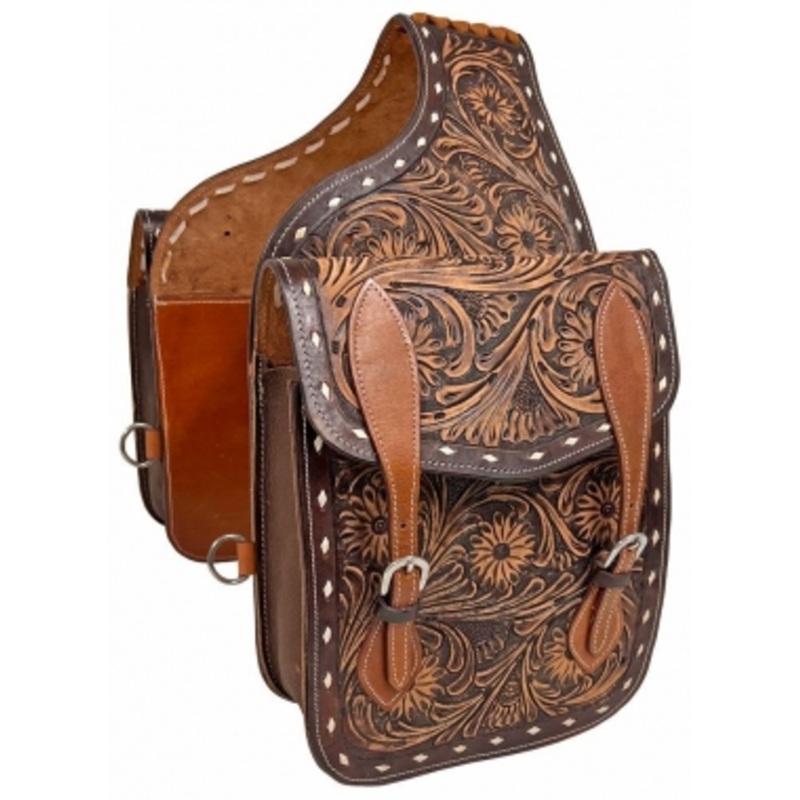 Rugged Ride Floral Tooled Leather Saddle Bag with Buckstitching