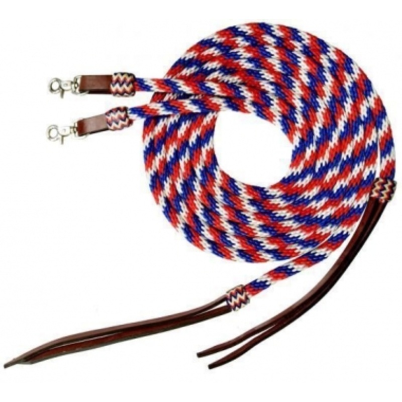 Showman 8 Foot Red, White, And Blue Round Braid Nylon Split Reins With Poppers