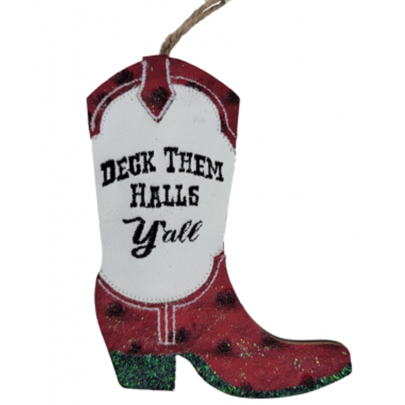 Wooden/Leather Cowboy Boot Ornament – RED – 4.25 inches