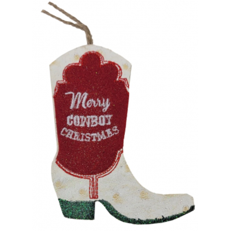 Wooden/Leather Cowboy Boot Ornament – White – 4.25 inches
