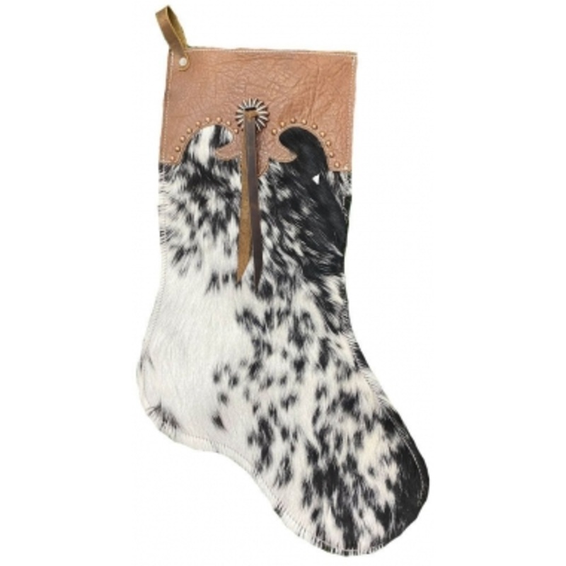 Showman Hair on Cowhide Christmas Stocking With Leather Top And Copper Sunflower Concho, Straps And