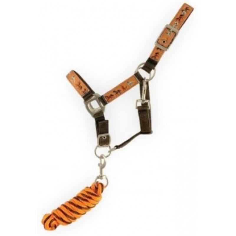 Showman Pony Brown Nylon Halter With Running Horses Overlay And Matching Lead