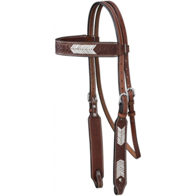 Tough-1 Vaquero Tooled Browband Headstall With White Rawhide Basketweave Accents