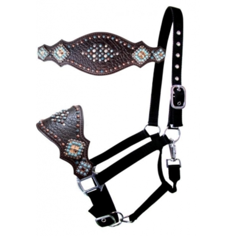 Showman Black Nylon Bronc Nose Halter With Brown Gator Overlay, Copper and Turquoise Beading And Con