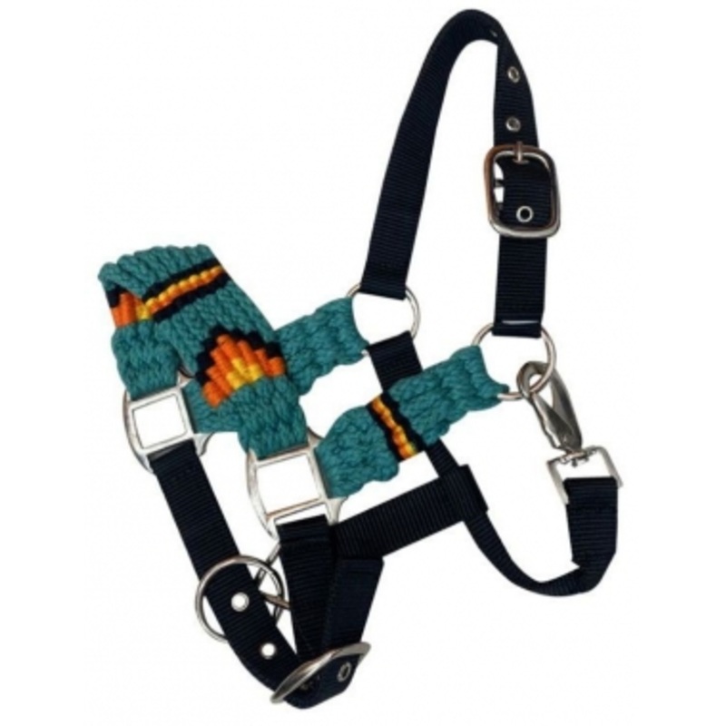 Showman Pony Wool String Black Nylon Halter – Teal/Orange/Yellow