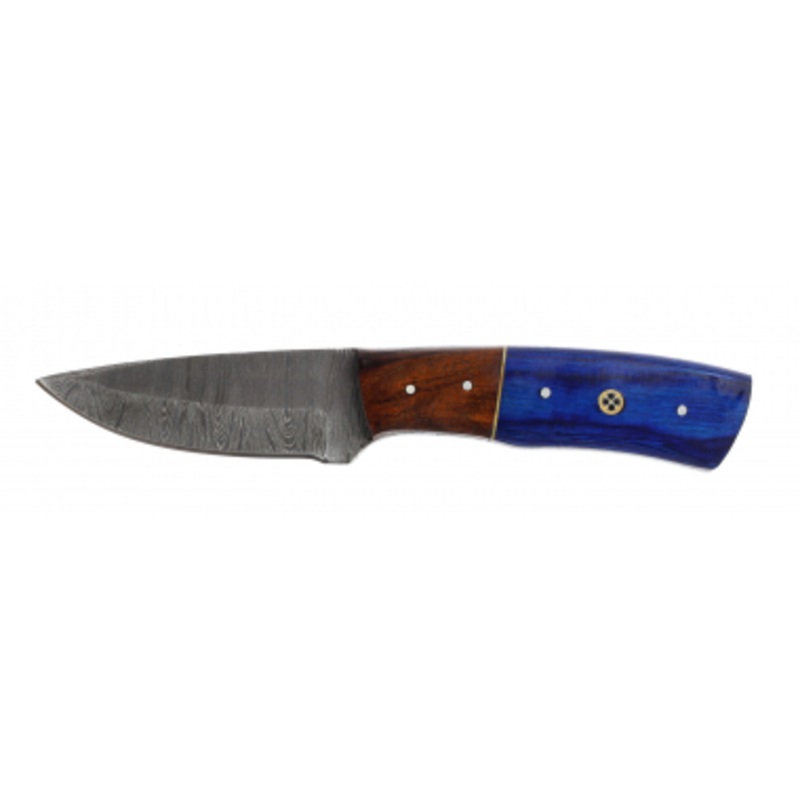 Lariat Timberline – Hand-Forged Damascus Skinning Knife with Blue & Brown Wood Handle