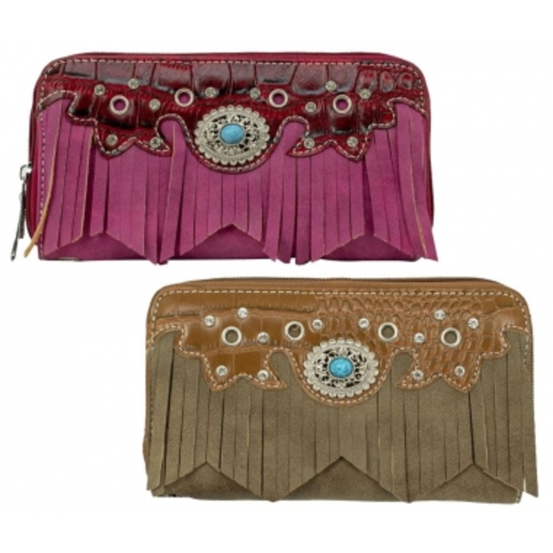 Savana Zip Around Accordion Wallet with Wrist Strap – Fringe and Turquoise Stone