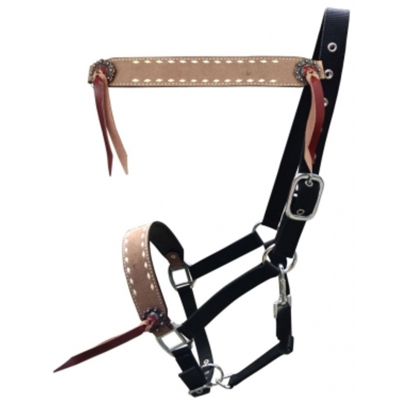 Showman Roughout Leather And Nylon Halter With Buckstitch Trim
