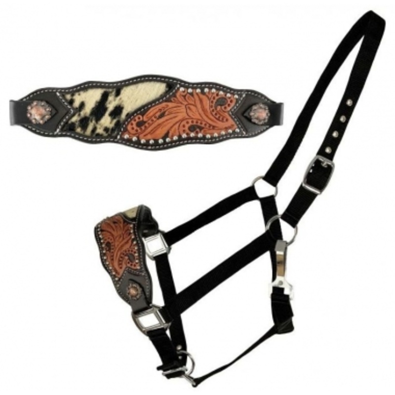 Showman Adjustable Black Nylon Bronc Nose Halter With Tool And Hair On Cowhide