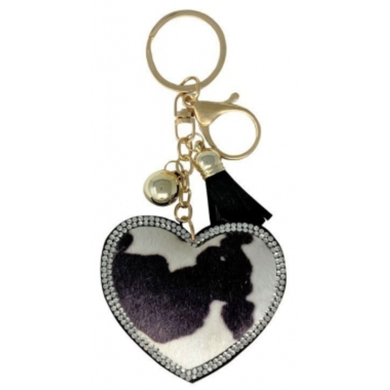 Showman Bedazzled Cow Print Heart Hair On Cowhide Key Chain With Tassel