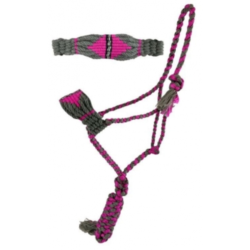 Showman Pink And Grey Woven Mule Tape Halter And Lead With Mohair Noseband