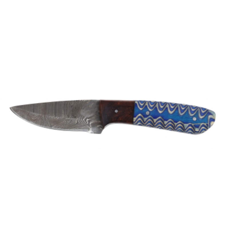 Lariat Scout – Hand-Forged Damascus Skinning Knife with Jiggered Blue Wood Handle