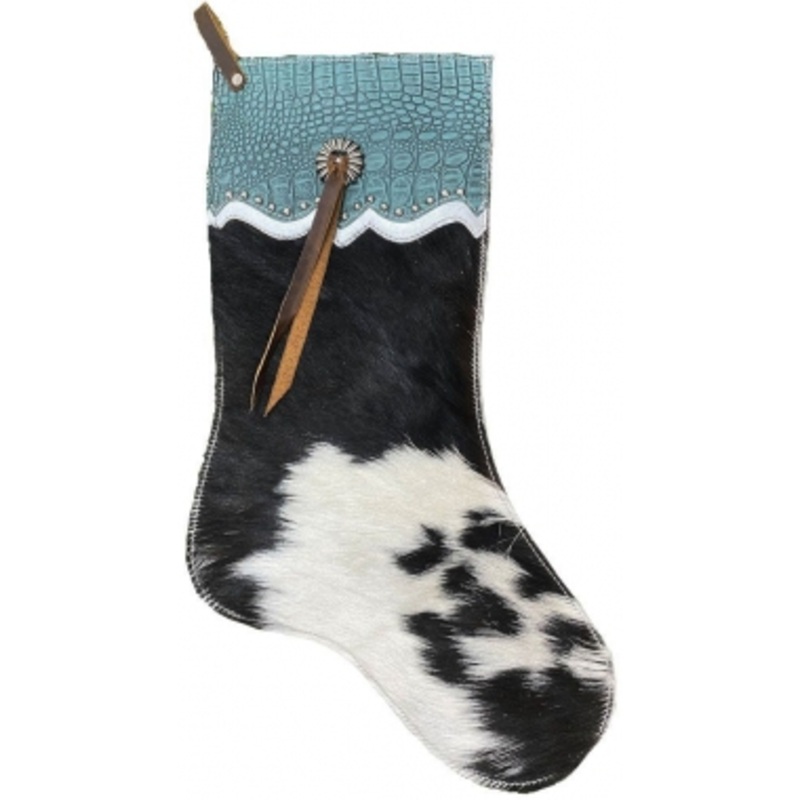 Showman Hair on Cowhide Christmas Stocking With Teal Gator Print Top And Studs