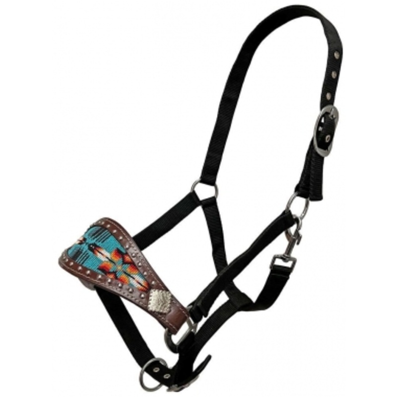 Rugged Ride Bronc Halter With Beaded Inlay – Light Blue Aztec Feather