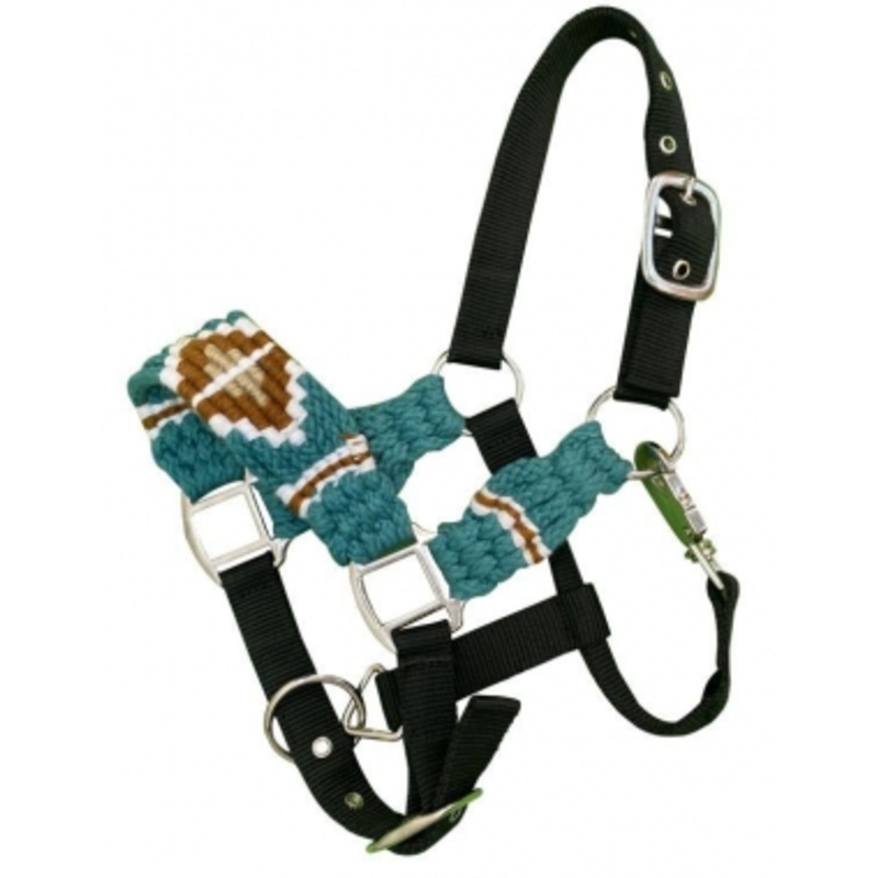 Showman Pony Wool String Black Nylon Halter – Teal/Brown
