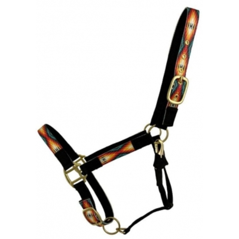 Showman Black Nylon Adjustable Halter With Orange/Yellow Southwest Overlay