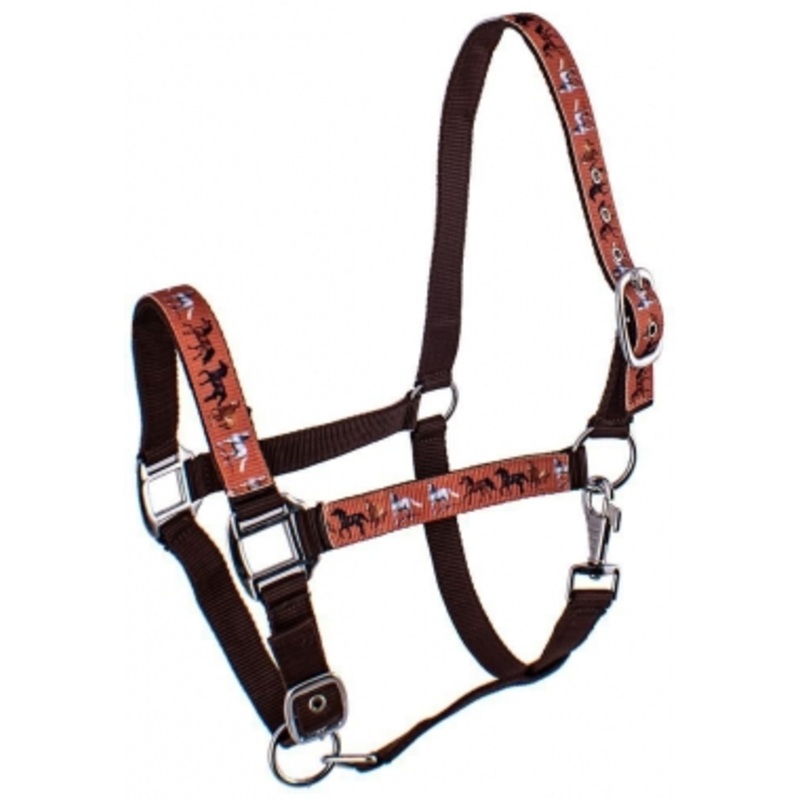 3 Ply Dark Brown Adjustable Nylon Halter With Horse Print Overlay