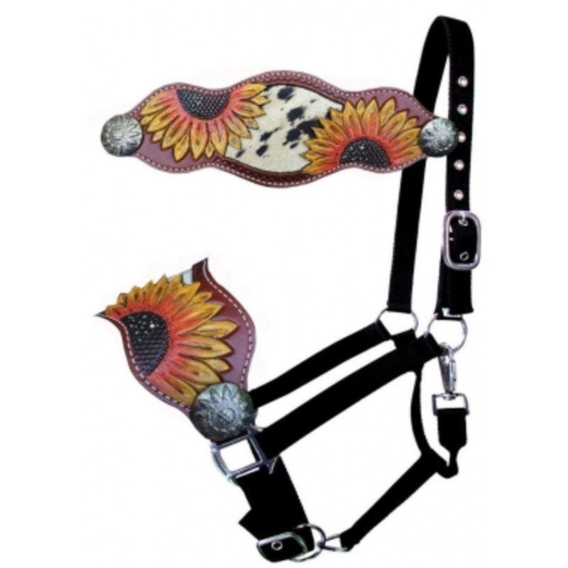 Showman Black Nylon Bronc Nose Halter With Painted Sunflowers And Cowhide Inlay