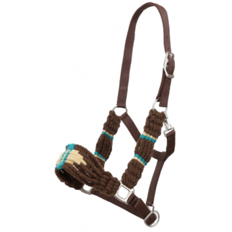 Showman Brown and Teal Wool Nose Nylon Halter
