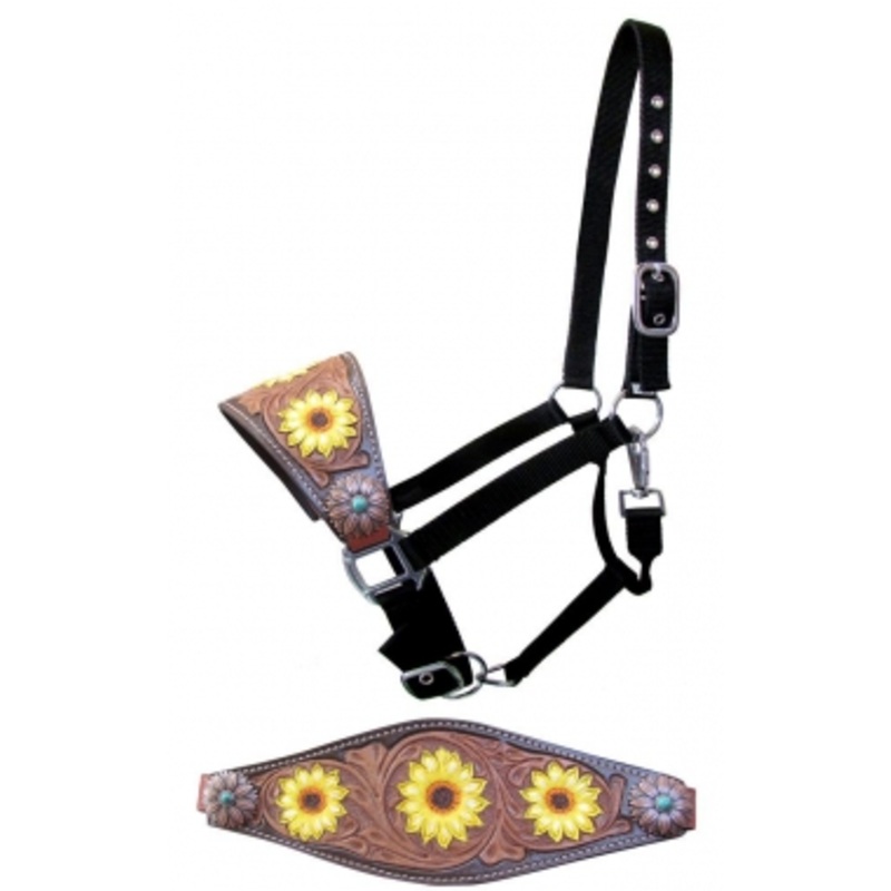 Showman Adjustable Black Nylon Leather Bronc Nose Halter With Hand Painted Yellow Sunflower Trio