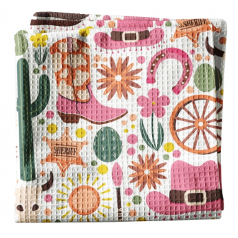 Waffle Weave Kitchen Towel – Pink Western Retro