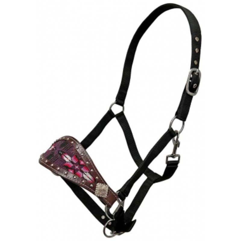 Rugged Ride Bronc Halter With Beaded Inlay – Purple Aztec Feather
