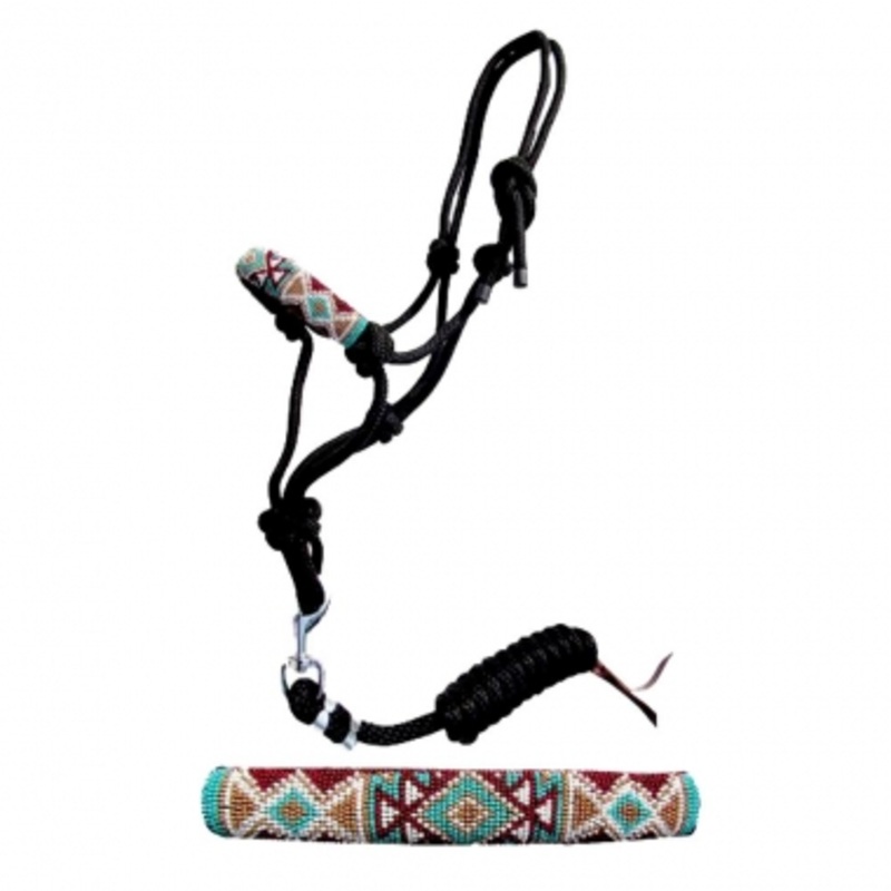 Showman Pony Beaded Nose Cowboy Knot Rope Halter With Lead