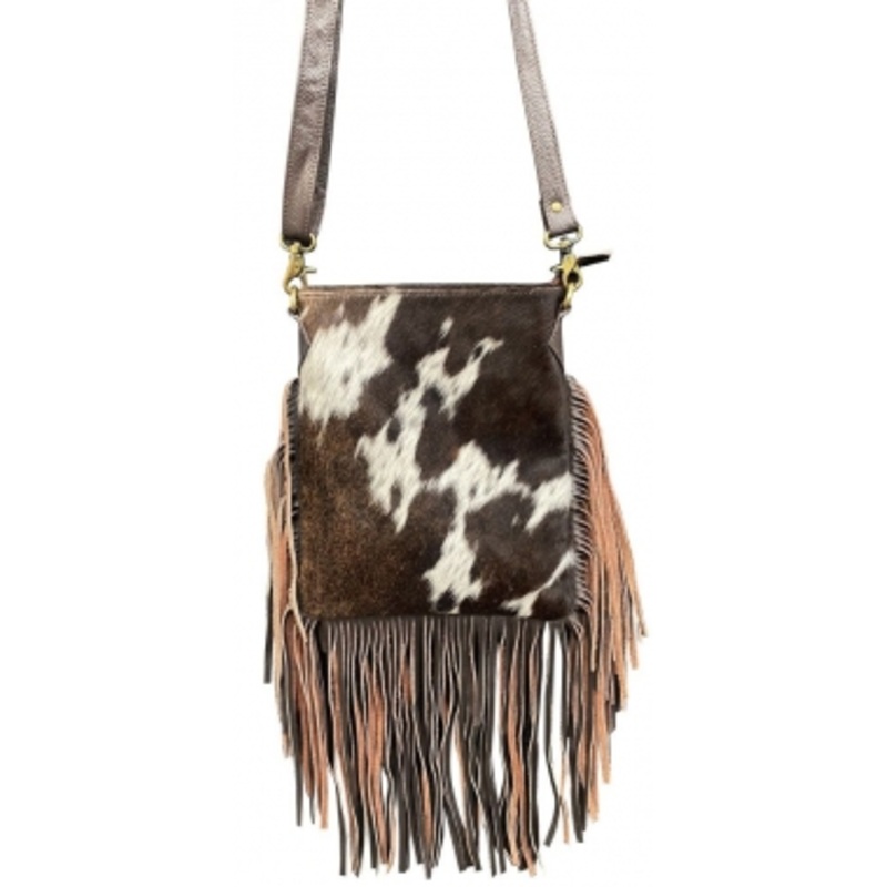 Showman Klassy Cowgirl Leather Crossbody Bag With Hair On Cowhide And Chocolate Fringe